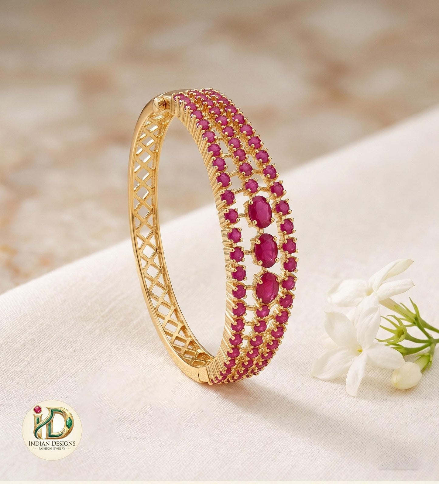 22k Gold Plated Kada Bangle| Emerald, Ruby, Pearl & Navaratna Stone Bracelet| Ethnic Brida Wear| Adjustable Openable Bangle| Gift for Her