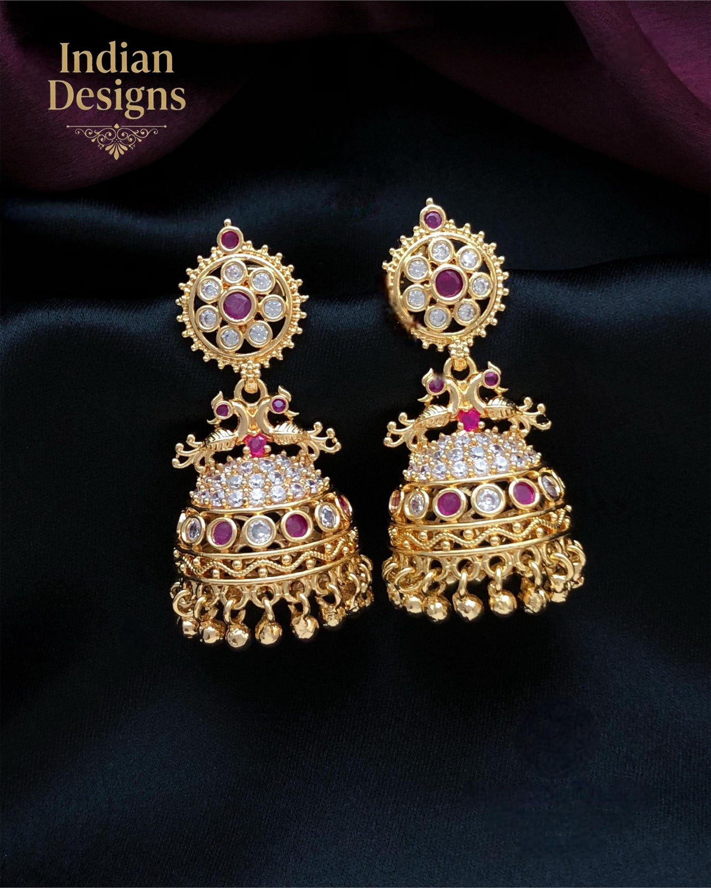 Traditional Peacock Jhumka Earrings| Gold Plated Indian Earrings with Ruby, Emerald & CZ Stones| Statement Jhumkas for Weddings|Gift for Her