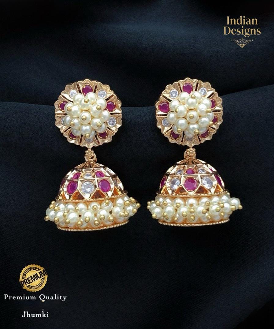 Small Jhumka Earrings with Pearls & AD Stones| Gold Plated Indian Earrings| Minimalist Traditional South Indian style Jhumki| Gift for Her