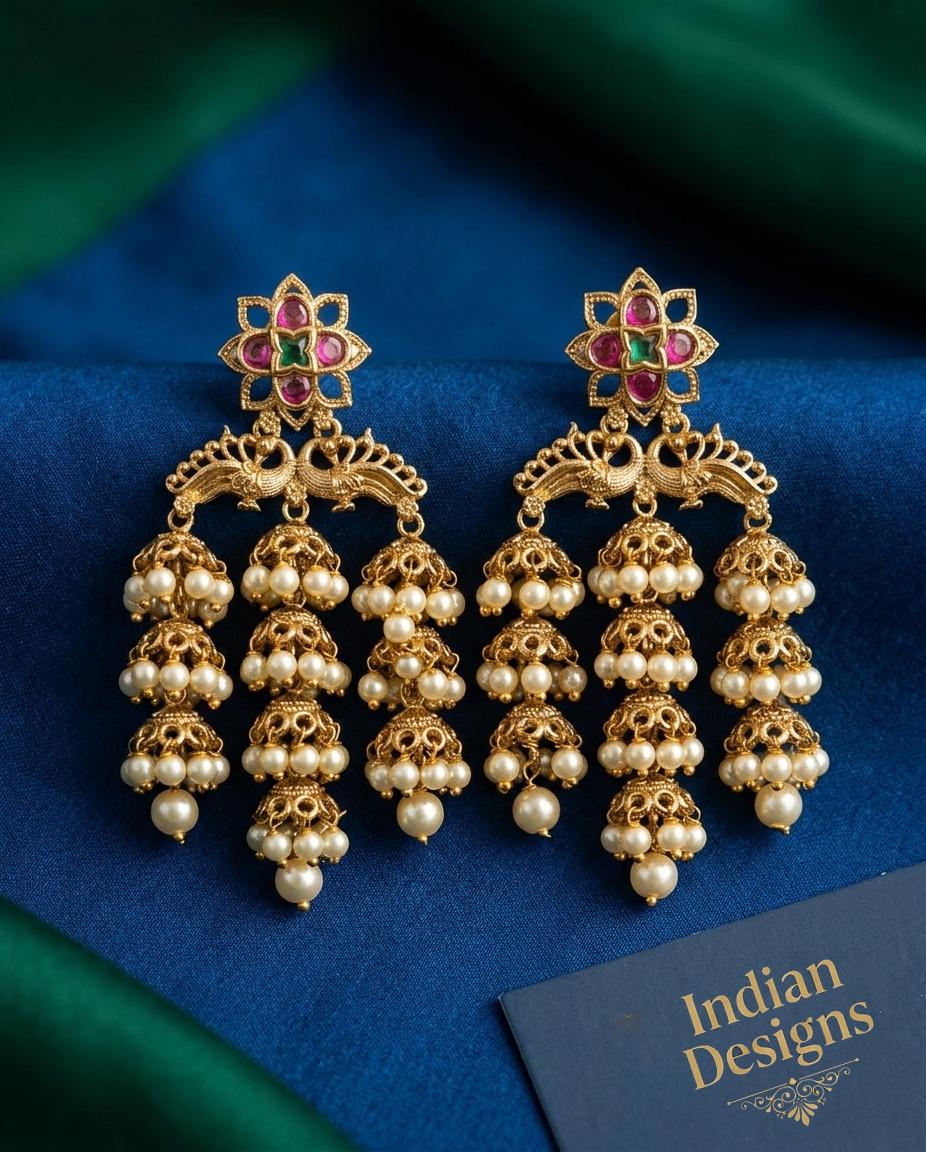 Gold Plated Multi-Layer Jhumka Earrings with Pearl Drops| 3-Inch Long Traditional Indian Wedding Earrings| Kemp Stone Bridal Jewelry