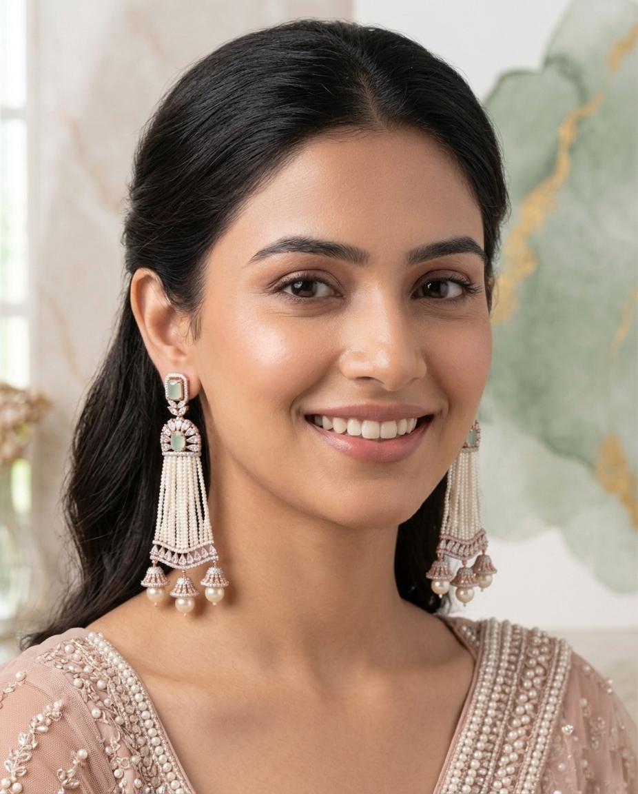 Rose Gold Plated White AD Stones Traditional Triple Jhumka Hanging Earrings|Diamond Jhumkas|Traditional Earrings