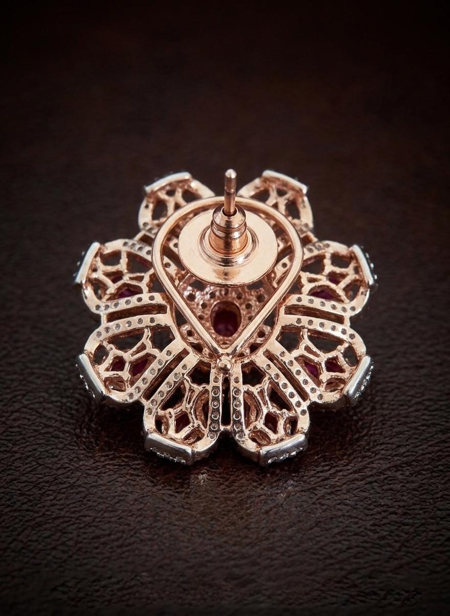 Rose Gold Ruby Pink Floral Statement Stud Earrings| CZ Diamond Flower Earrings| Bridal Wedding Earrings| statement studs| Party Jewelry Gift