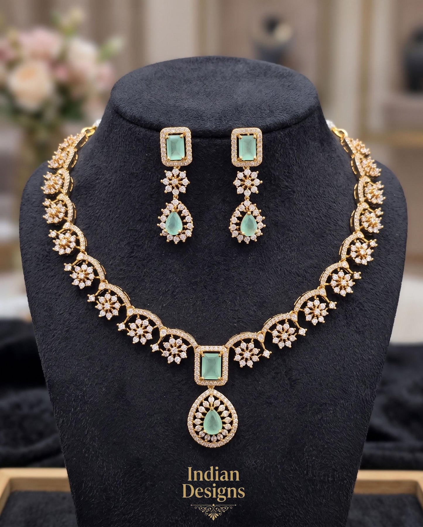 Matte Gold Indian Necklace Set with Earrings| American Diamond CZ Choker| Emerald Green Pink Purple Mint Ruby Necklace Set| Gift for her