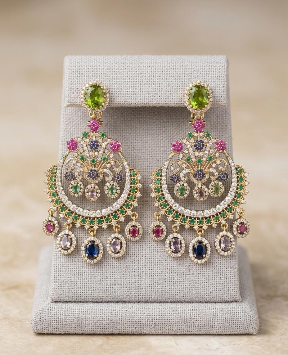 Sabyasachi Inspired Chandbali Earrings, Multicolor Indian Statement Earrings, Navratna Style Crescent Chaandbalis, Bollywood Wedding Jewelry