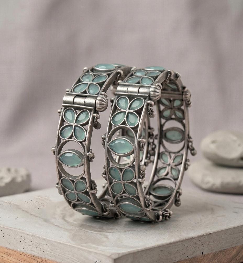 Oxidized Silver Bangles| Kundan AD stone Bracelets| Handmade Boho Cuff Bangles| Floral Design Bracelet| Gift for Her
