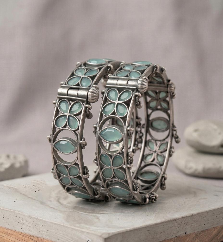 Oxidized Silver Bangles| Kundan AD stone Bracelets| Handmade Boho Cuff Bangles| Floral Design Bracelet| Gift for Her