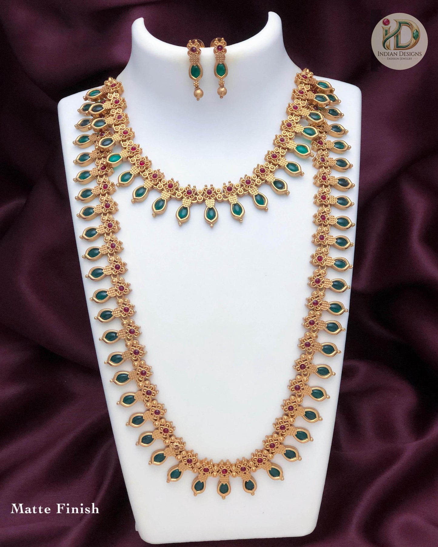 Matte Gold Choker and Long Necklace Combo Set| Emerald Green Ruby Pink Kemp Stone Mango Mala| South Indian Temple Jewelry| Gift for her