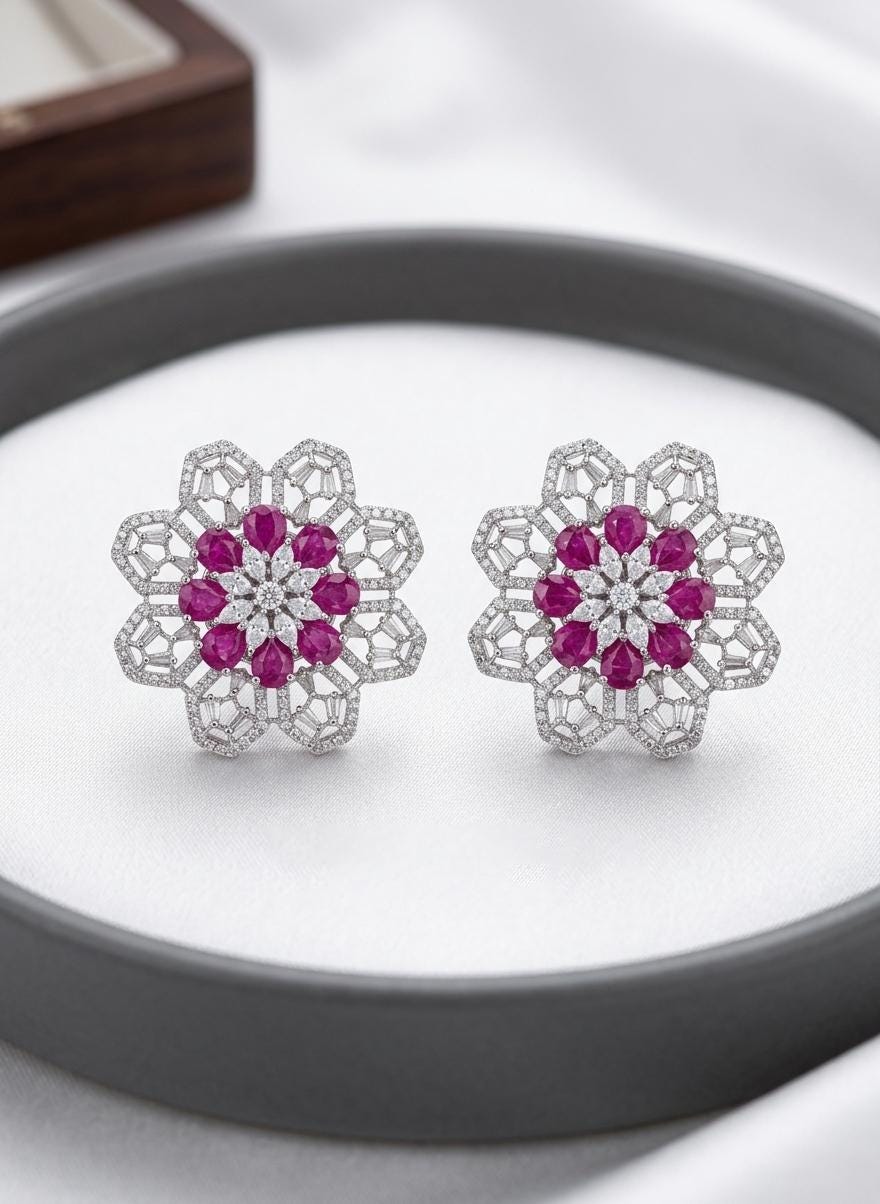Rose Gold Ruby Pink Floral Statement Stud Earrings| CZ Diamond Flower Earrings| Bridal Wedding Earrings| statement studs| Party Jewelry Gift