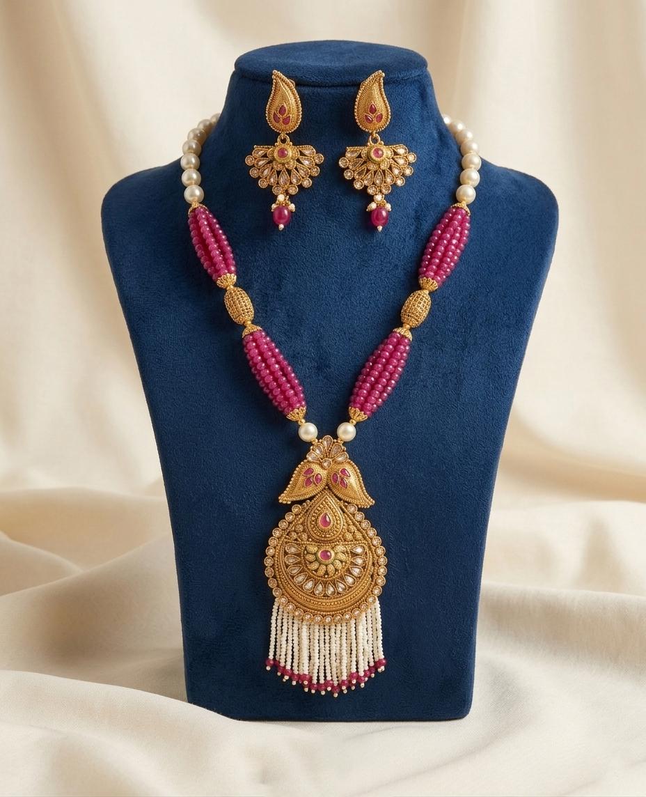 Traditional Gold Plated Pendant Necklace and Earrings| Ruby Pink Bead and Pearl Mala| Bollywood Wedding Jewelry| Statement Necklace Set