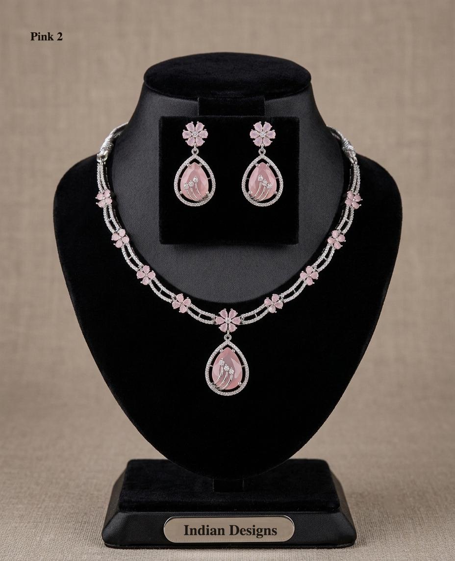 American Diamond Choker Necklace Set| AD Stone Necklace with Earrings| Silver Tone Wedding Jewelry| Pink, Emerald, Green Mint| Gift for her