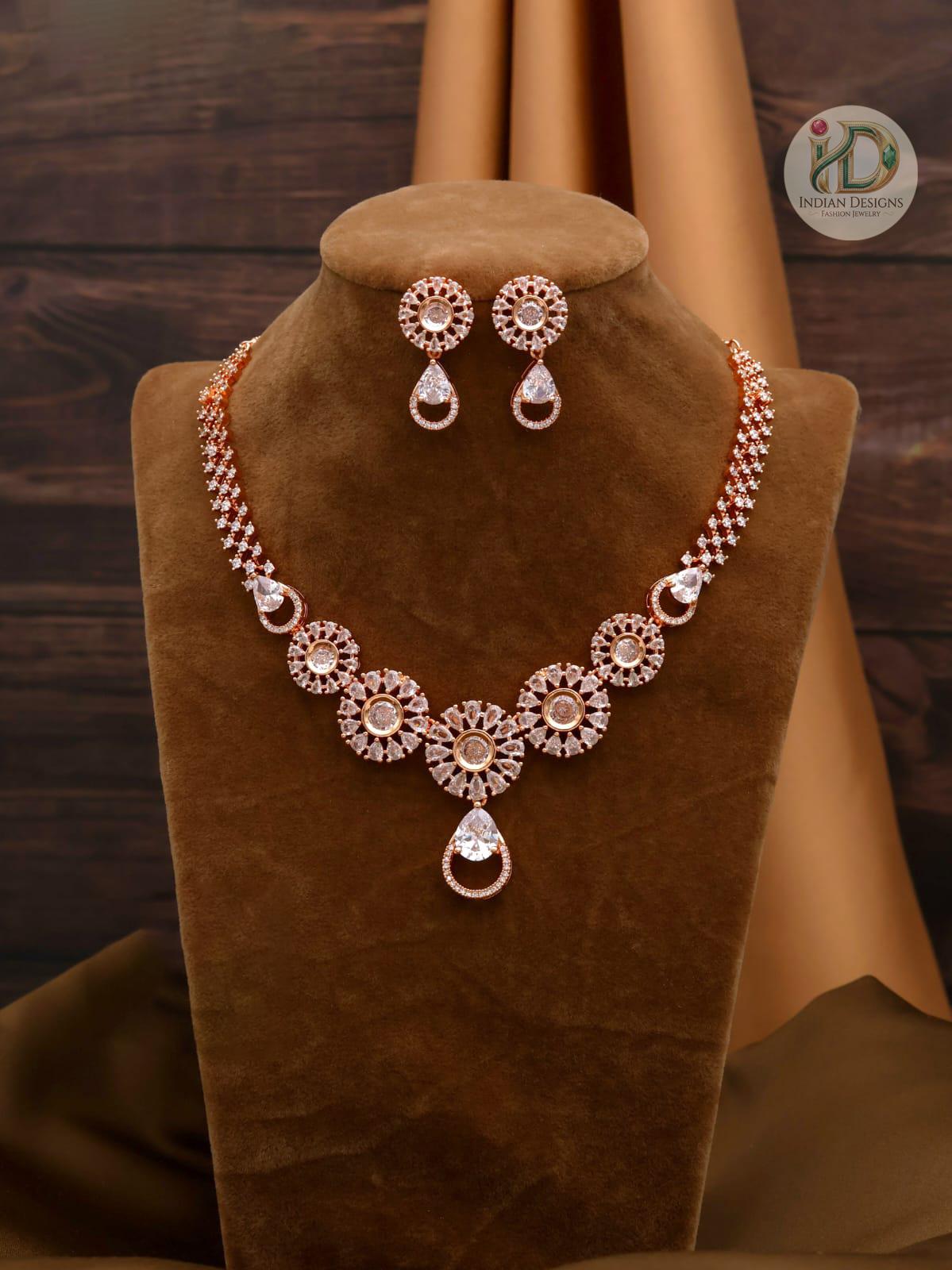 Rose Gold Indian Bridal Necklace Set| American Diamond CZ Choker| Bollywood Statement Jewelry | Daily Wear Wedding Jewelry Set with Earrings