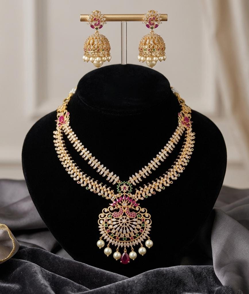 Gold plated Crystal Statement Necklace and Jhumka Earring Set| Multi-Gemstone Layered Collar Necklace| Party wear jewelry| Gift for her