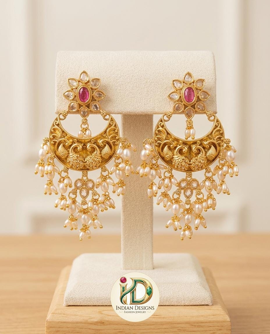 Antique Gold Plated Chandbali Earrings| Matte Finish Peacock Jhumkas| Statement Earrings| Temple Jewelry Jhumka| Pearl Drop Earrings