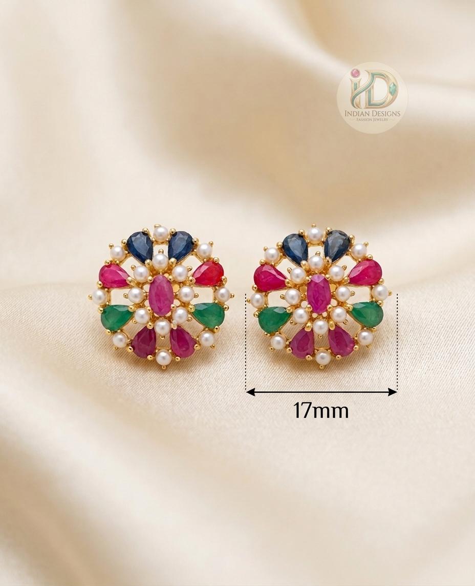 Multi-Color Gemstone Studs| Daily Wear Studs| Ruby Emerald & Sapphire Cluster Earrings| Traditional Gold Stud Earrings| Gift for her