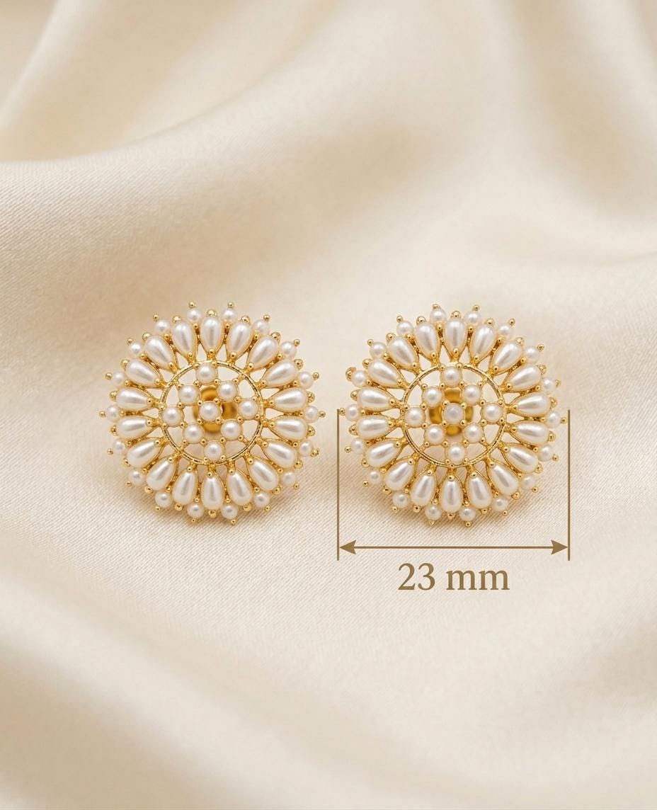 Floral Pearl Stud Earrings| Victorian Style Gold Plated Pearl Cluster Studs| Mughal Inspired Jewelry for Women| Statement Pearl Earrings