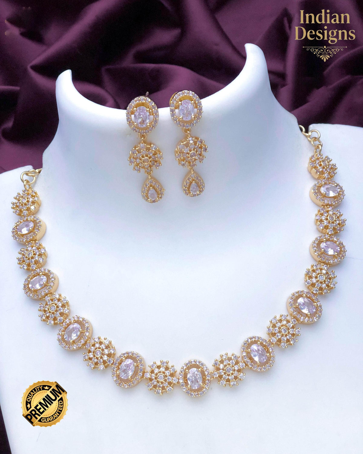 Gold Plated AD stone Necklace and Earring Set| American Diamond choker set| Oval Stone Jewelry Set| Minimalist Statement Set| Gift of her