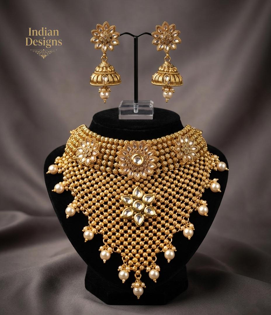 Gold Tone Kundan Bridal Choker Necklace Set with Jhumka Earrings | Indian Wedding Jewelry | Statement Bib Necklace | Bollywood Style Jewelry