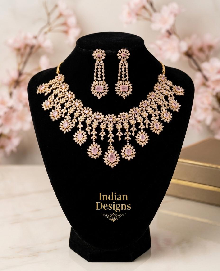 Pink AD stone Statement Necklace Set| Gold Plated Floral Choker| Indian Bridal Jewelry| American Diamond statement necklace|Gift for Her