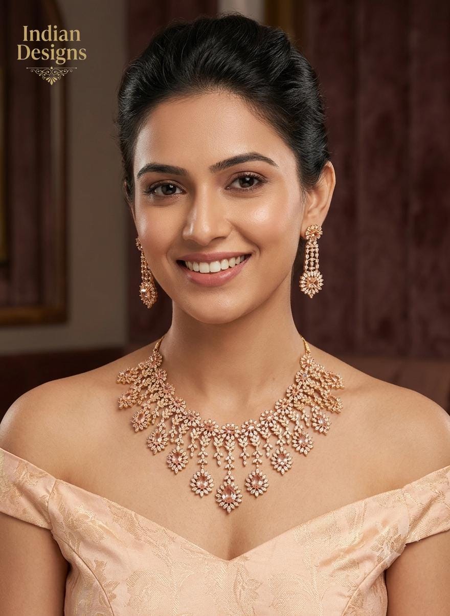 Blue Sapphire AD stone Necklace Set| Gold Plated Floral Choker| Indian Bridal Jewelry| American Diamond statement necklace|Gift for Her