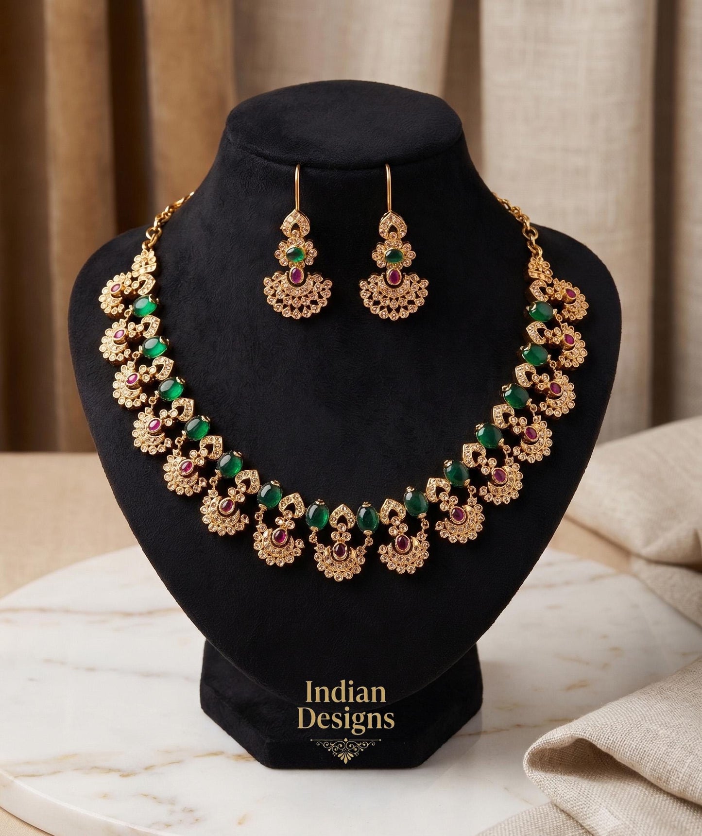 Indian Bridal Necklace Set with Earrings| Red Green CZ AD Jewelry| Gold Plated Wedding Necklace, Bollywood Party Jewelry Gift| Statement set