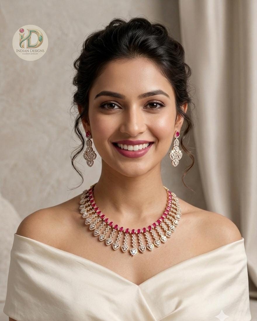 Ruby Teardrop American Diamond Necklace Set| CZ Bridal Jewelry, Indian Wedding Necklace| Statement Necklace with Earrings| Indian Designs