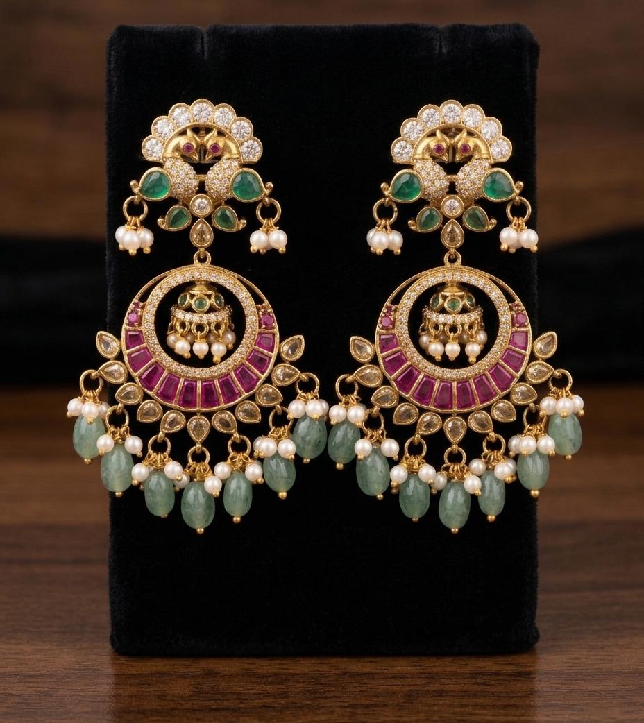 Traditional Peacock Chandbali Earrings| American Diamond CZ Earrings| Green Beads, Ruby Stone| Indian Wedding Jewelry| Bridal Earrings