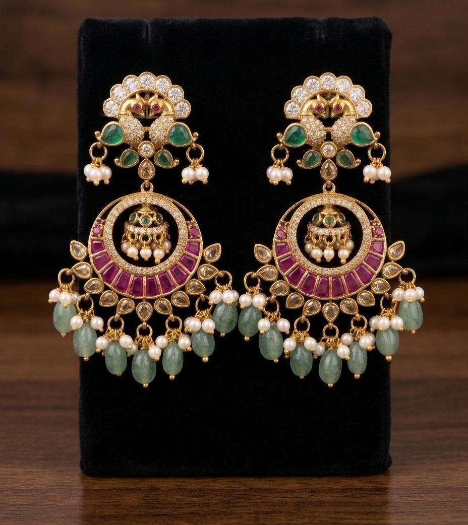 Traditional Peacock Chandbali Earrings| American Diamond CZ Earrings| Green Beads, Ruby Stone| Indian Wedding Jewelry| Bridal Earrings