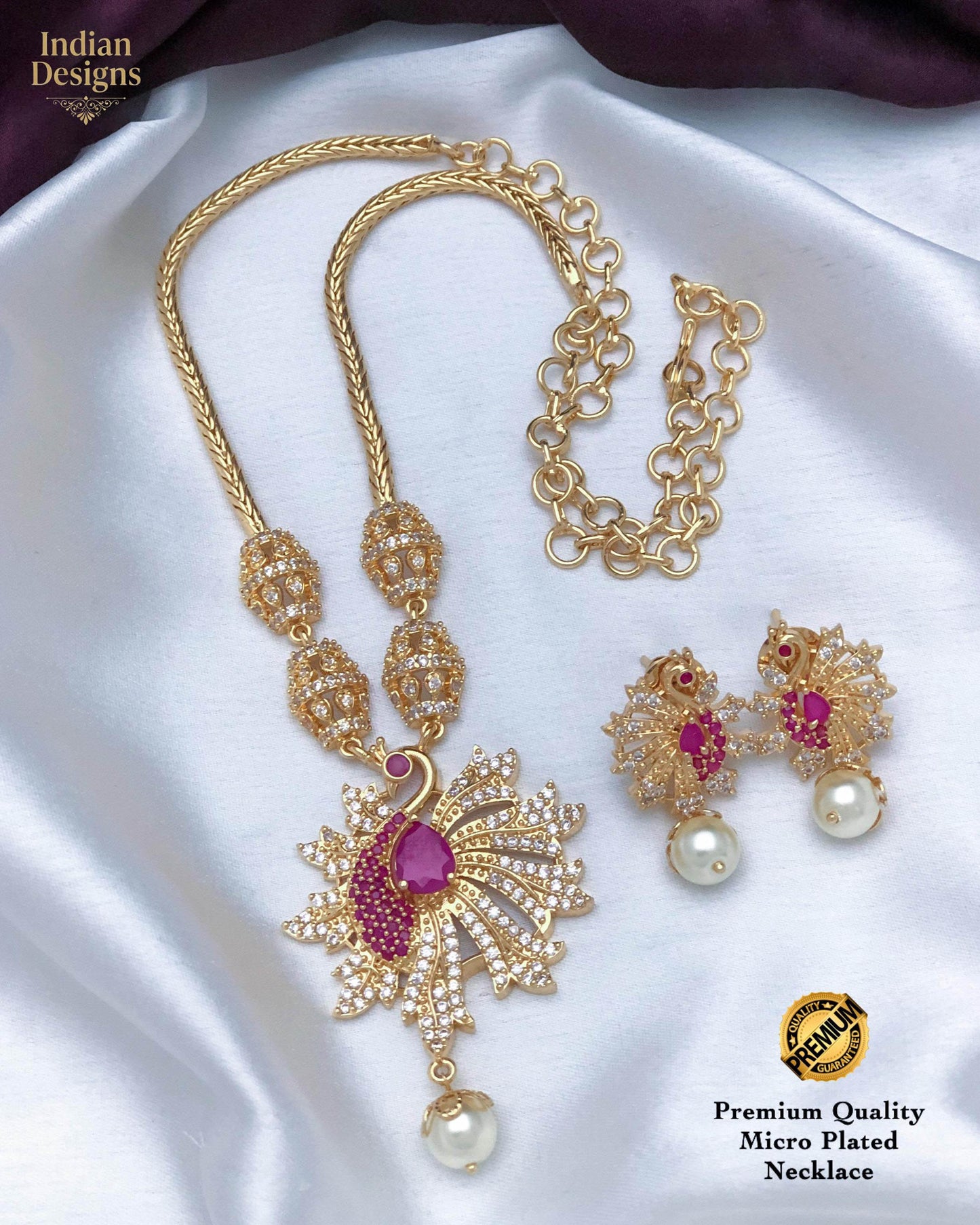 Peacock Pendant Necklace Set with Earrings| Gold Plated CZ Ruby Emerald Pearl Jewelry| Indian Wedding Necklace| AD necklace set|Gift for her