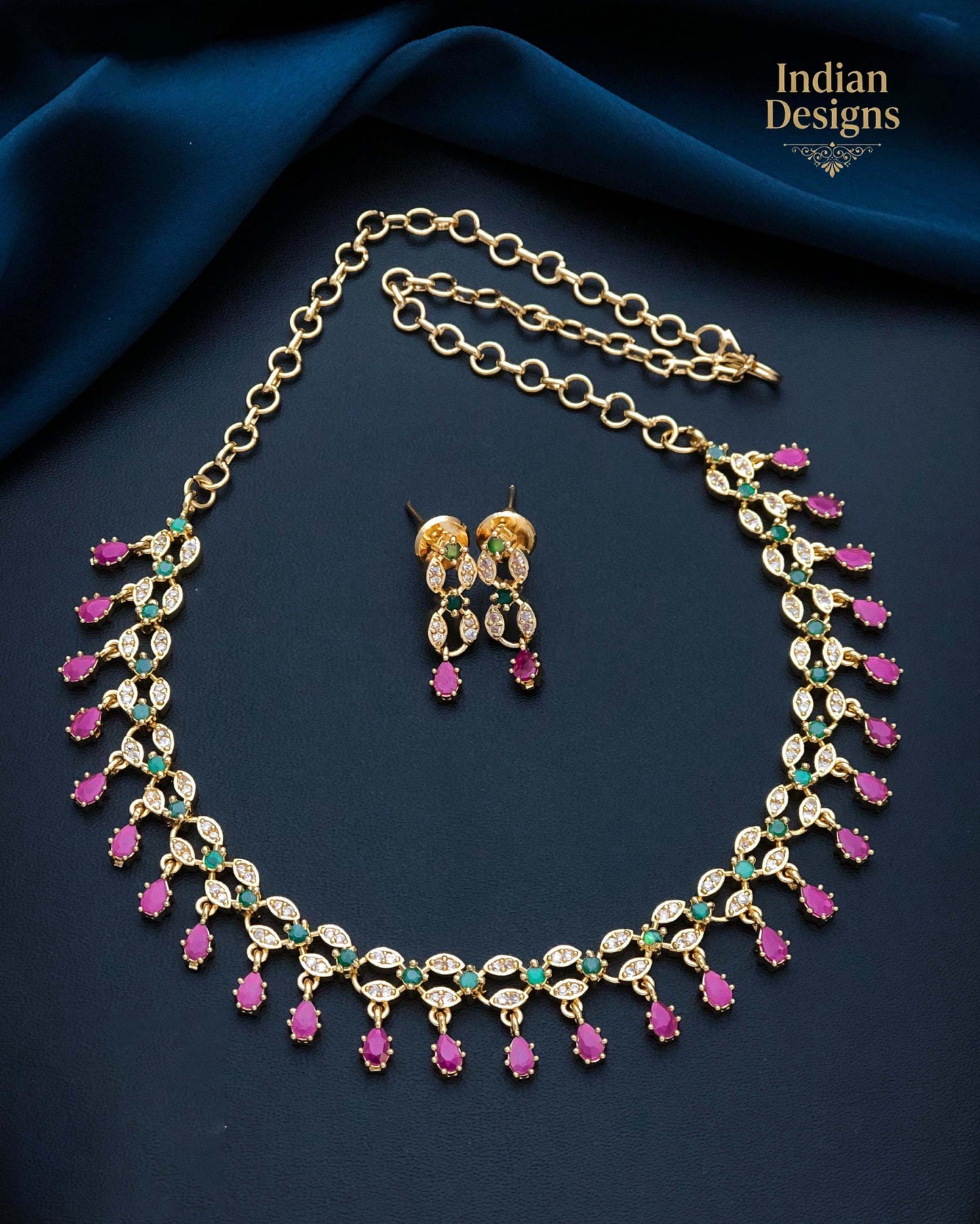 Gold Plated Indian Necklace Set with Earrings| American Diamond Necklace| Dainty Jewelry| Floral CZ Diamond Choker| Anniversary Gift for her