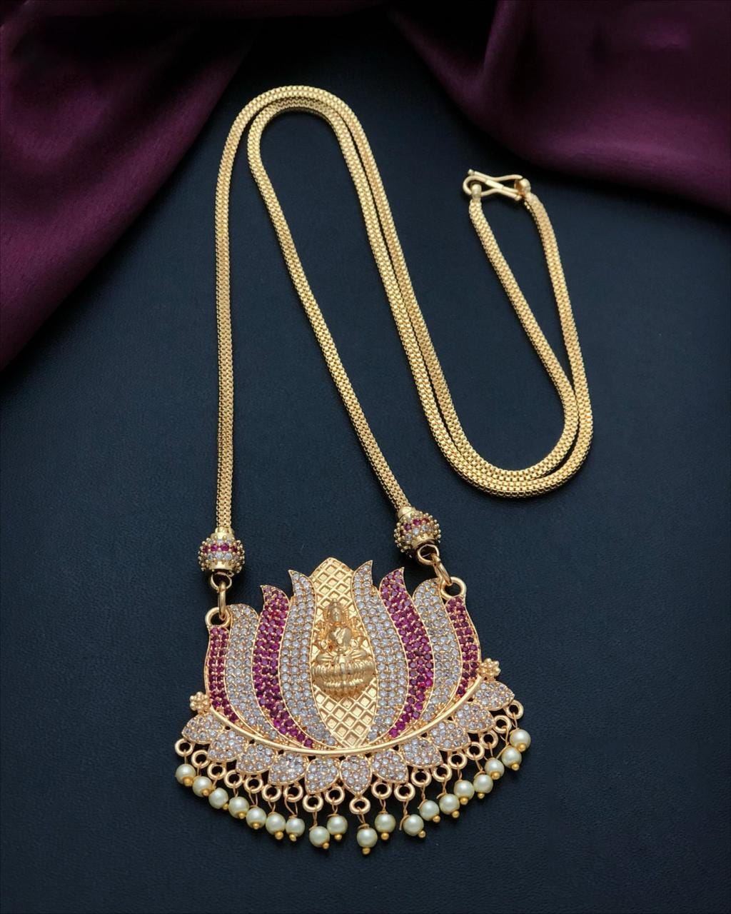 Lakshmi Lotus Pendant Necklace| Gold Plated Temple Jewelry| CZ & Pearl Long Chain| South Indian Indian style Bridal Necklace| Gift for her