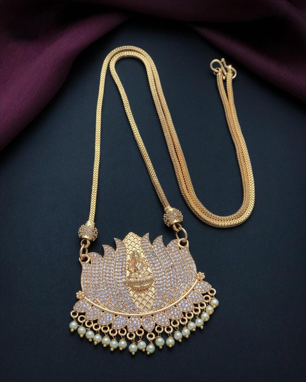 Lakshmi Lotus Pendant Necklace| Gold Plated Temple Jewelry| CZ & Pearl Long Chain| South Indian Indian style Bridal Necklace| Gift for her