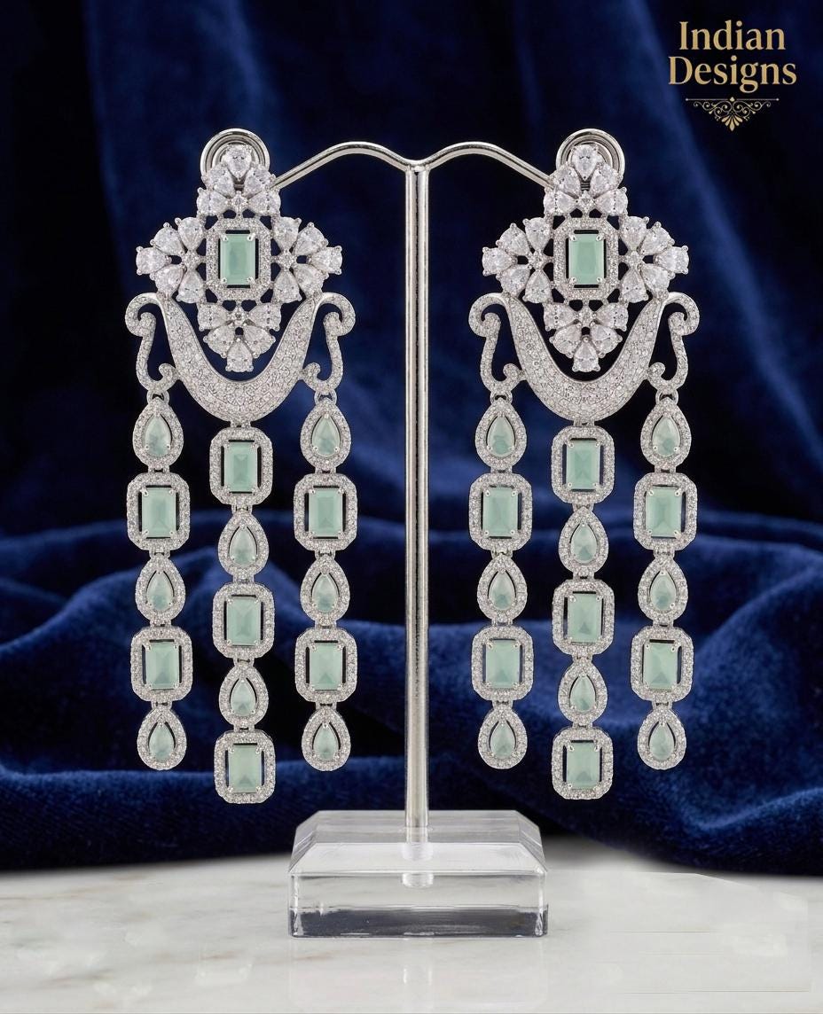 Stunning Indian Statement Chandelier Earrings| Silver Polish AD stone Dangle Drop Earrings| Wedding, & Party Earrings| gift for her