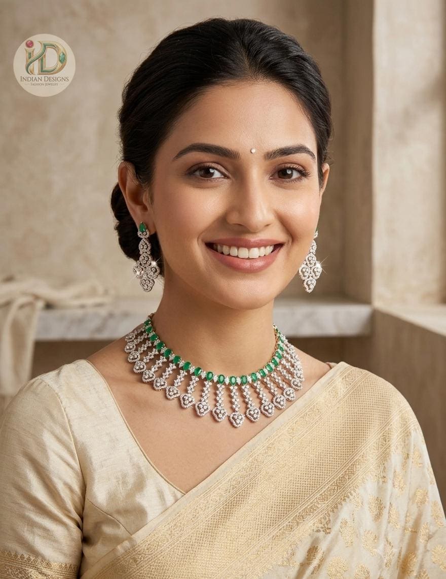 Emerald Green Teardrop American Diamond Necklace Set| CZ Bridal Party Jewelry| Indian Wedding Necklace| Statement Necklace with Earrings