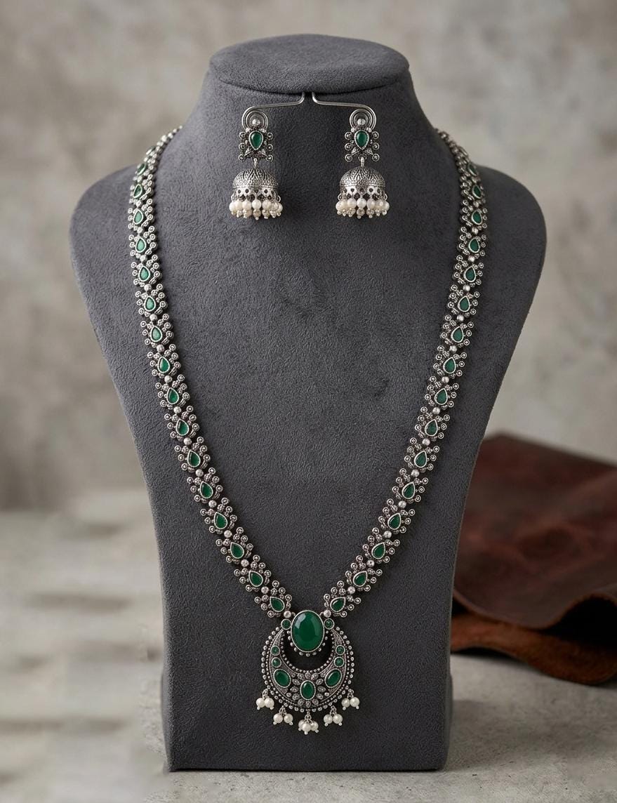 Oxidized Long Necklace Set with Jhumka Earrings| Indian Ethnic Silver Lookalike Temple Jewelry| Party Wear Fancy Jewelry Set| Festive Gift