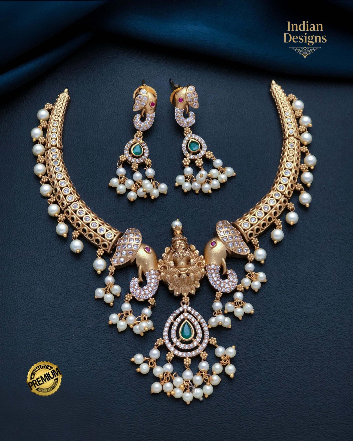 South Indian Temple Necklace Set| Lakshmi Peacock Necklace| Matte Gold Bridal Jewelry| Pearl CZ Choker| Indian Wedding Set| Gift for her