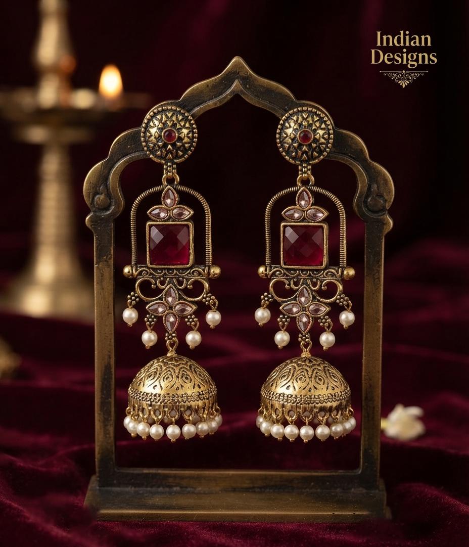 Antique Gold long Jhumka Earrings| temple style pearl drop stone earrings| traditional traditional indian wedding jewelry| Baby Pink & Green