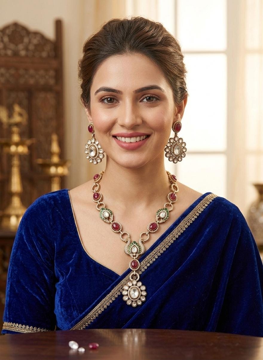 Victorian Peacock Necklace Set| Ruby Green Polki Jewelry| Indian Bridal Necklace| Kundan Wedding Jewelry| Statement Earrings| Gift for her