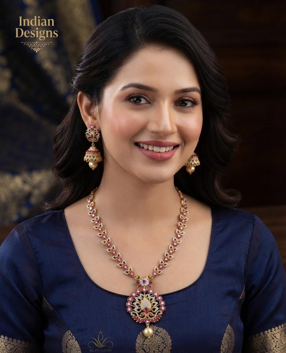 Pink Gold Necklace Jhumka Earrings| AD Stone Ruby Necklace| Indian Wedding Jewelry| South Asian Bridal Gift| Ruby Pearl Peacock Necklace