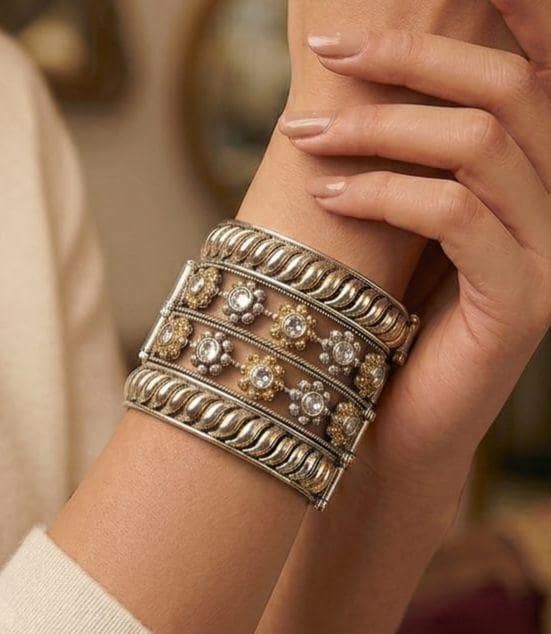 Wide Statement Cuff Bracelet| Multi stone Flower Cuff| Statement Bangle| Dual tone Antique Silver & Gold Finish| Bohemian Gift for Women
