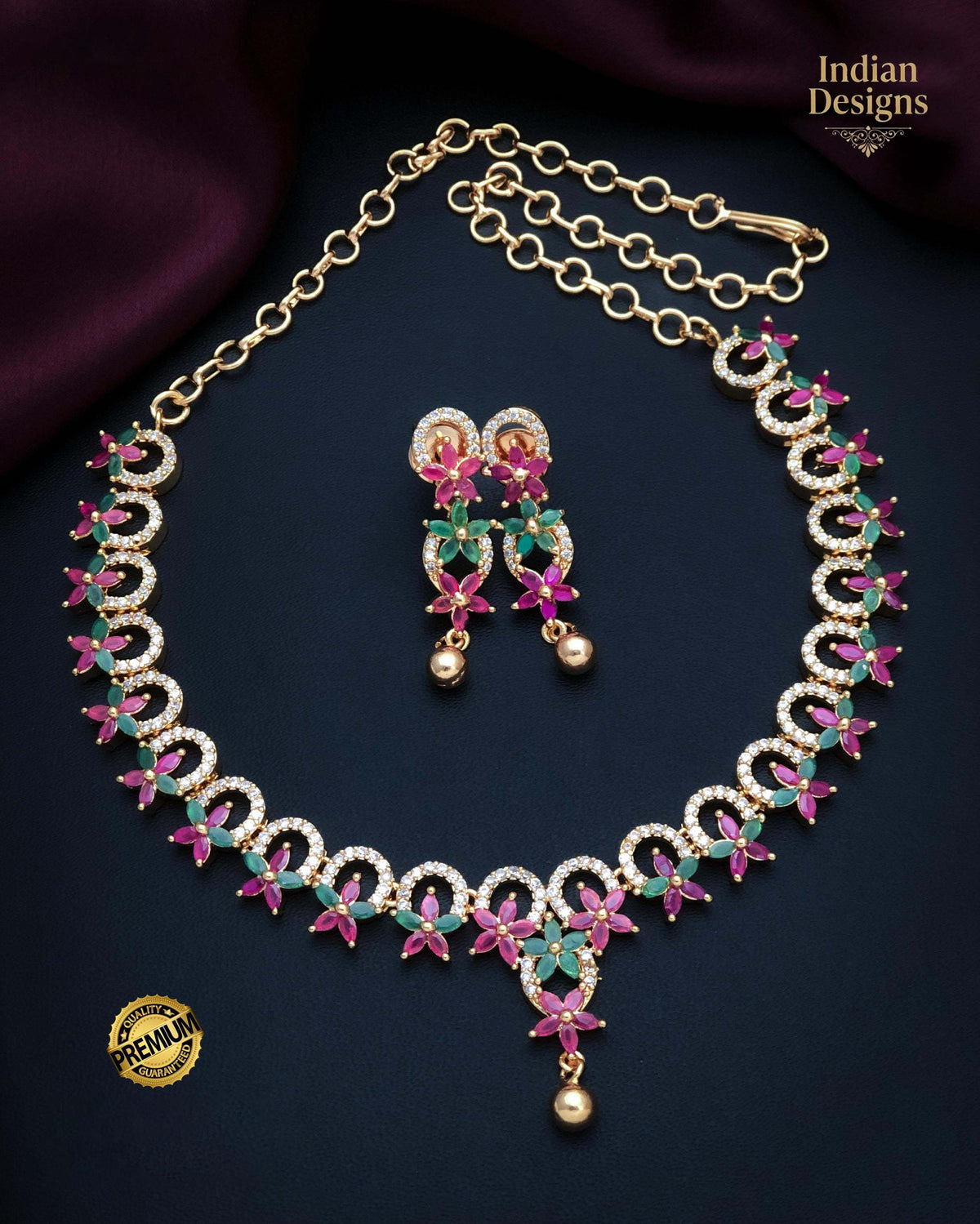 22k Gold Plated American Diamond Necklace with Green and Pink stones|Indian jewelry sets|Ruby & Emerald necklace Floral designs|Gift for her