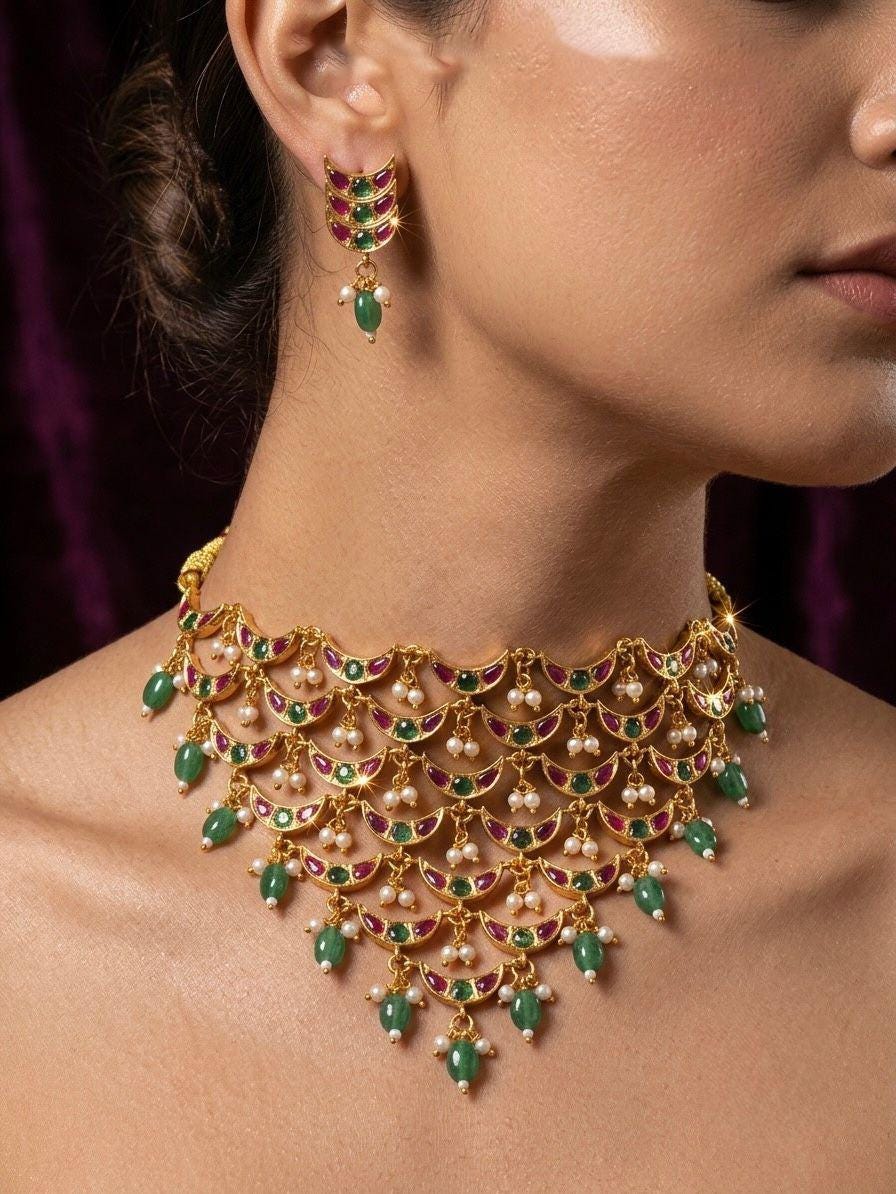 Antique Gold Kemp stoneChoker Necklace Set with Earrings| South Indian Bridal Jewelry| Kundan Crescent Choker Necklace Set|gift for her