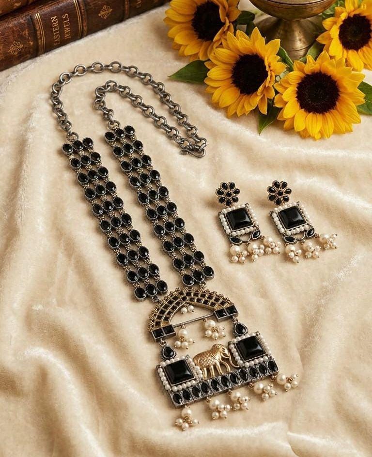 Indian Oxidized Silver Necklace Set with Elephant Pendant| Statement German Silver Necklace| Temple Jewelry| Vintage type Silver gift Set