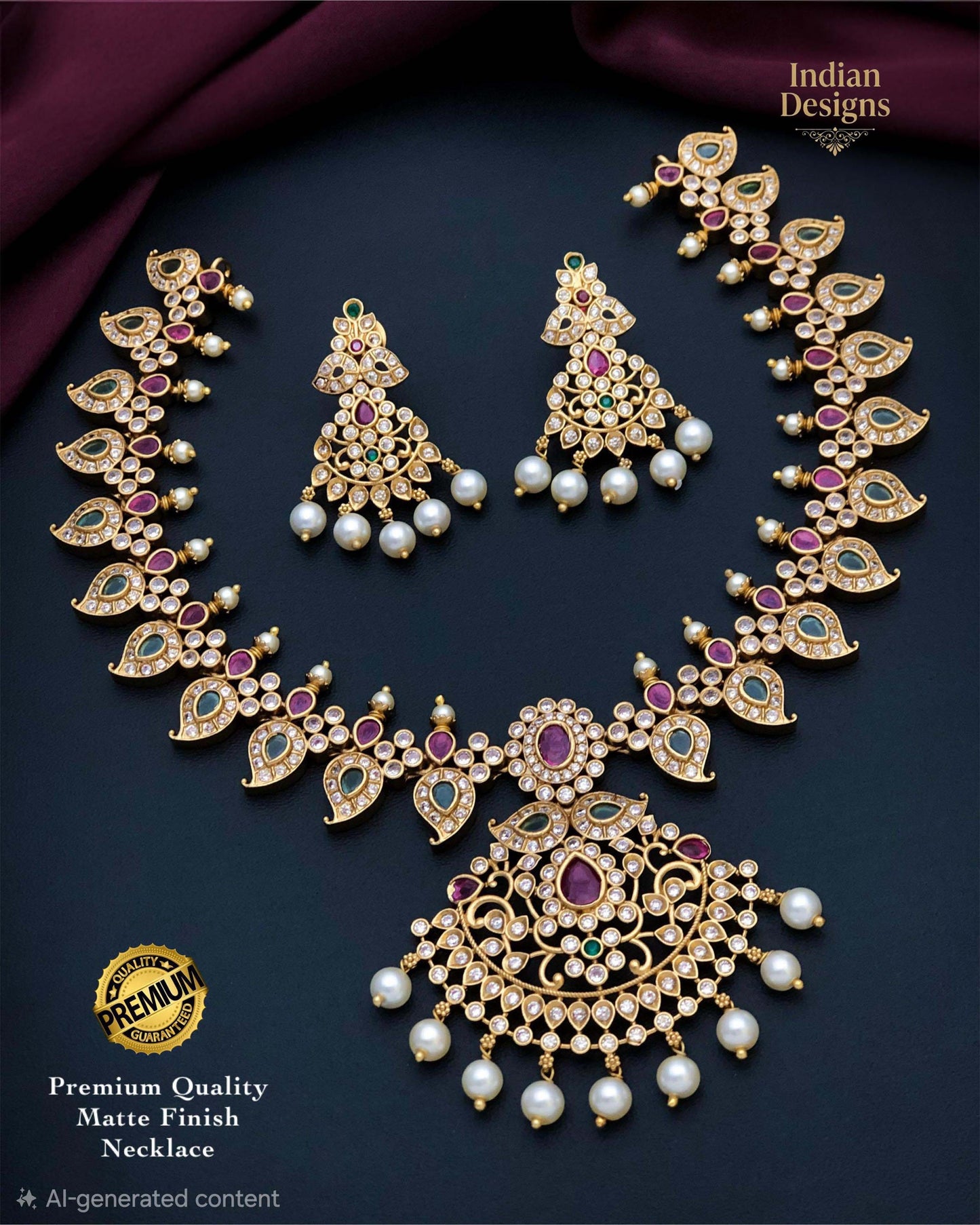 Matte Gold Mango Haram Necklace Set| South Indian Temple Jewelry| Kemp Ruby Emerald CZ Mango Mala| Bridal Long Haram with Matching Earrings