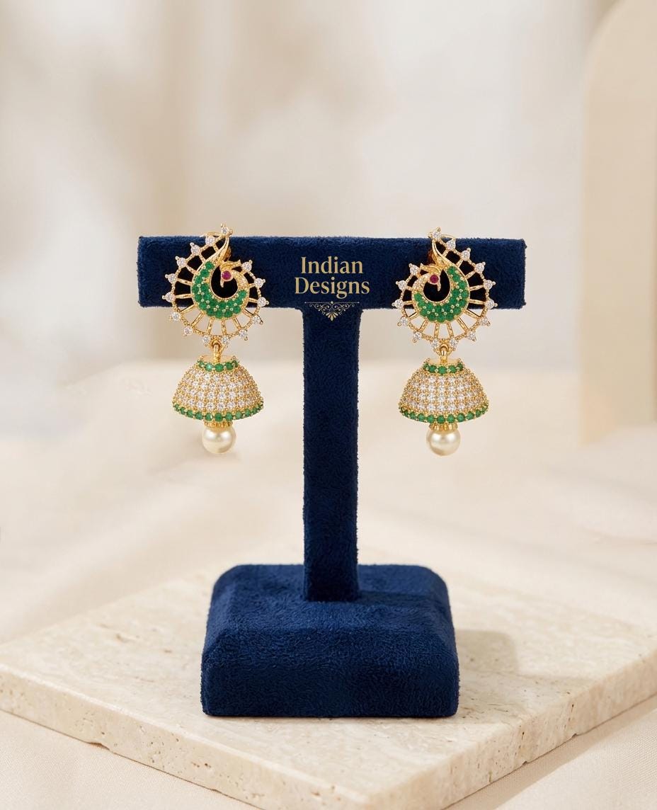 Peacock Jhumka Earrings| Indian CZ Stone Jhumkas| Ruby Emerald Gold Plated Dangle Earrings| South Indian Bridal Jewelry| Bollywood Jhumki