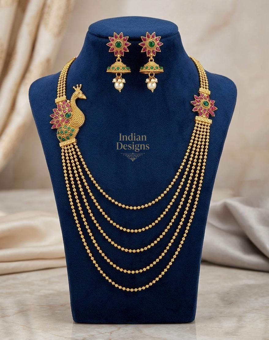 South Indian Bridal Jewelry| Matte Gold Peacock Rani Haar| Multi Layer Beaded Chain Necklace with Floral Jhumka Earrings| Temple Jewelry Set