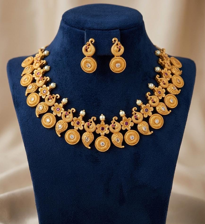 Indian Antique Gold Necklace Set| Reddish Gold Finish South Indian Bridal Jewelry| Peacock Paisley CZ Necklace & Matching Earrings