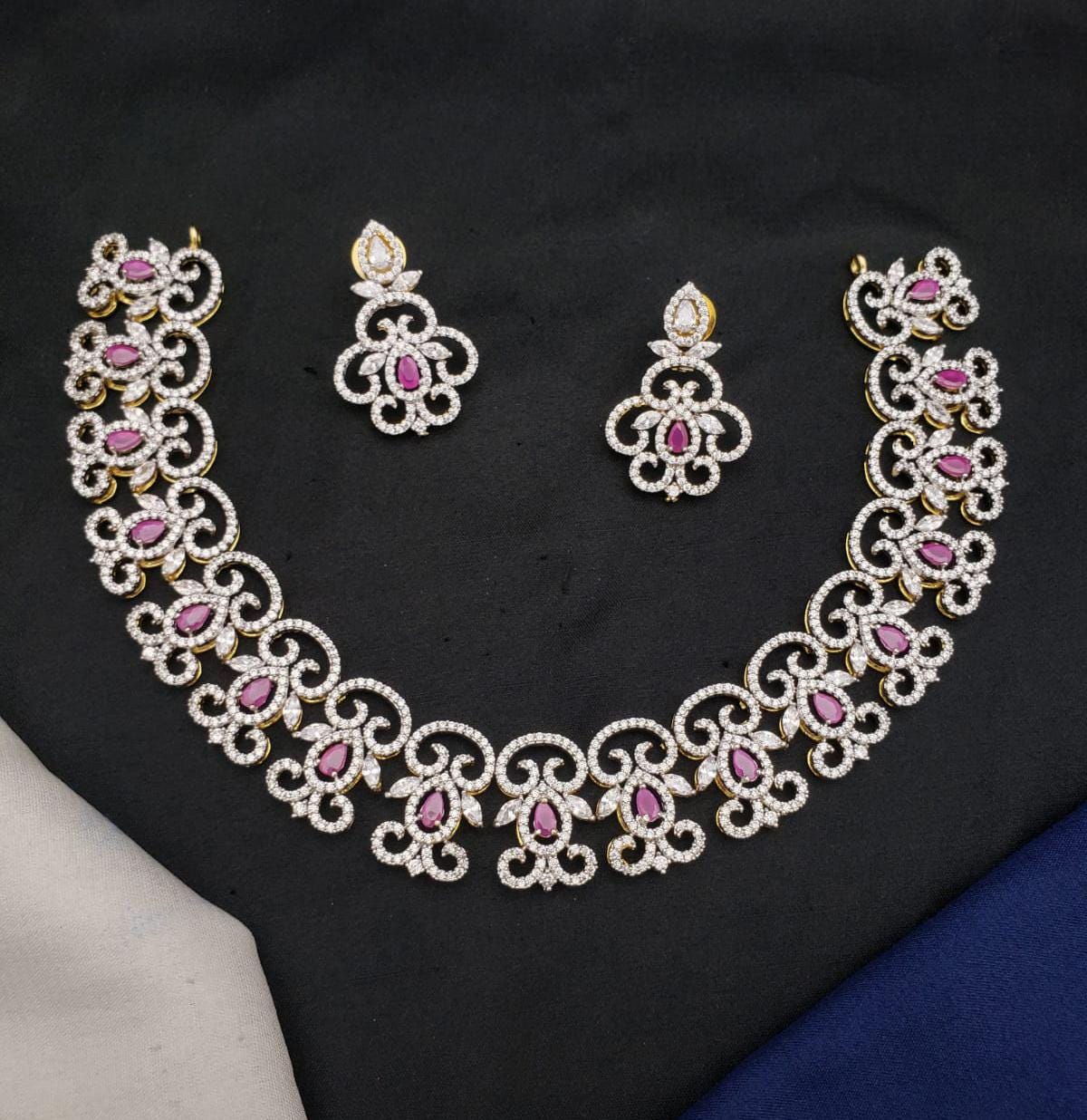 CZ Diamond Choker Necklace Set| Ruby Floral Indian Bridal Jewelry| Silver Dual Tone Bollywood Choker with Earrings| Wedding Jewelry Set