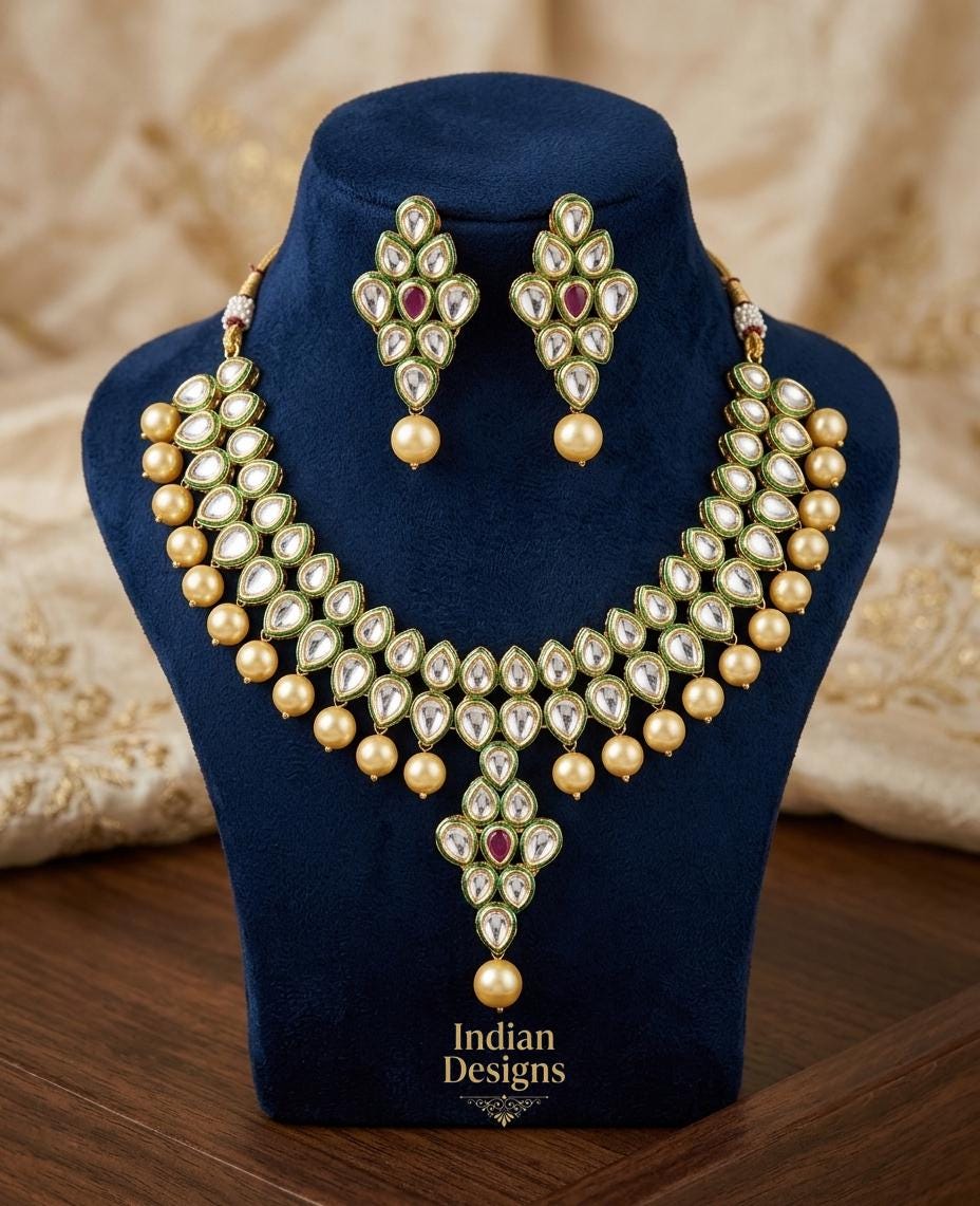Kundan Necklace Indian Bridal Jewelry| Emerald Green Meenakari Polki Choker| Ruby Accent Statement Collar Necklace| Bollywood Wedding set