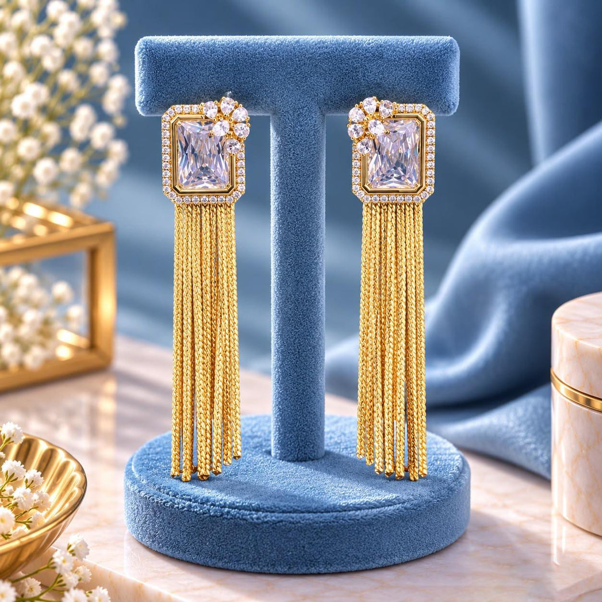 Gold Chain Tassel Drop Earrings| Bridal Statement Earrings| Baguette CZ Geometric Chandelier Earrings| Modern Indian Wedding Party Jewelry