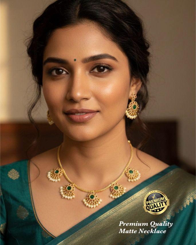 South Indian Temple Jewelry Necklace Set, Antique Matte Gold Choker with Ruby Pink Green Kemp Stones & Pearl Drops, Matching Drop Earrings